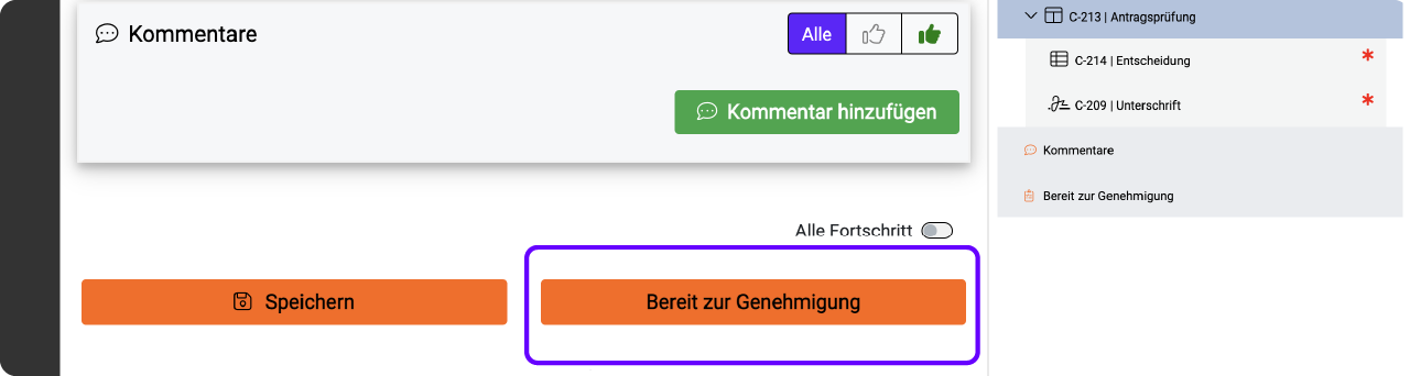 Aktion Bereit für Genehmigung
