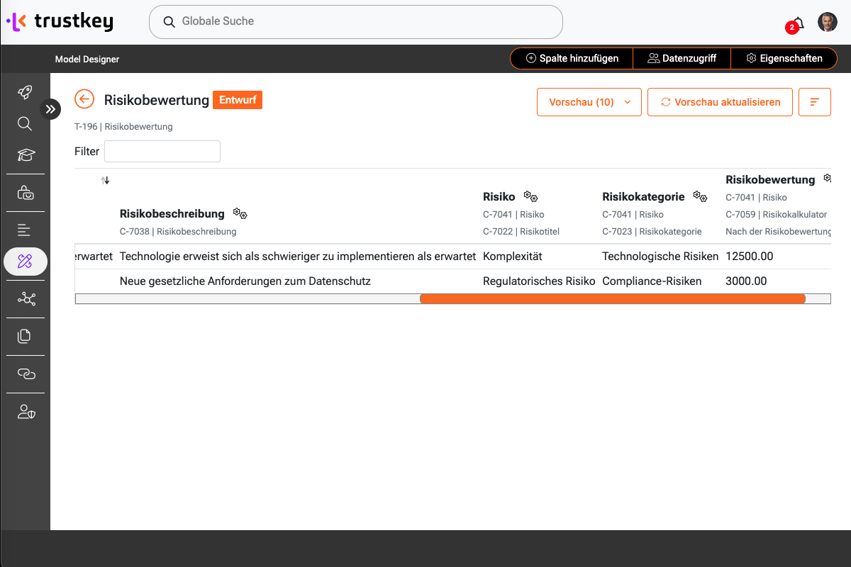 Konfiguration der Berichterstattung von Risikobewertungen mittels Data Model Designer