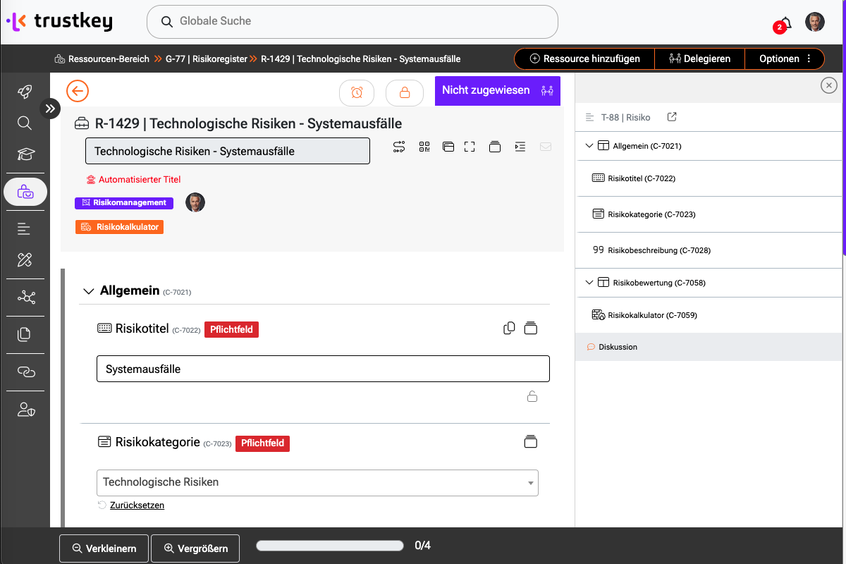 Einlage eines Risikos im Risikoregister in trustkey